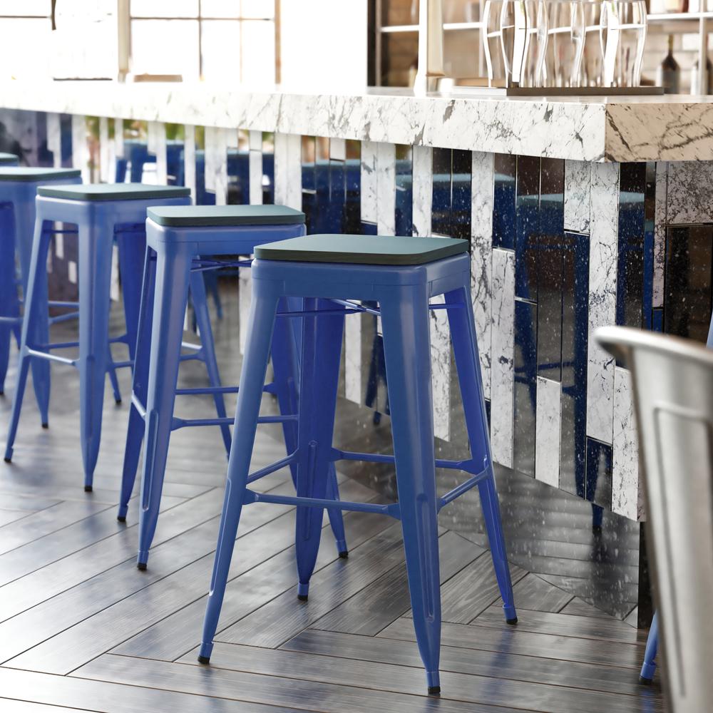 30" High Blue Metal Indoor-Outdoor Barstool with Teal-Blue Poly Resin Wood Seat. Picture 1