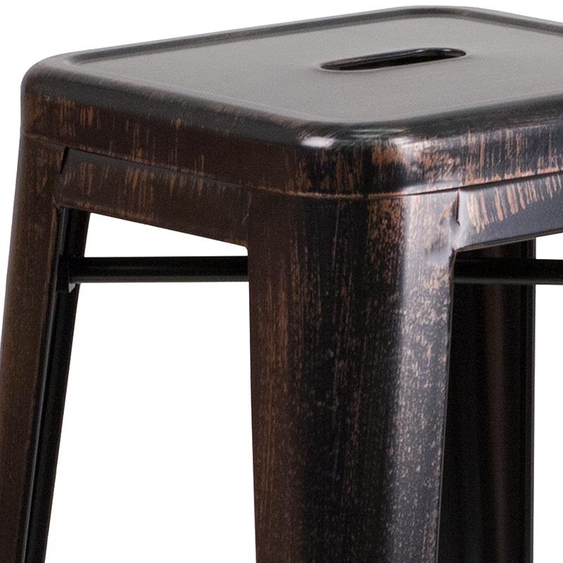 Commercial Grade 30" High Backless Black-Antique Gold Metal Indoor-Outdoor Barstool with Square Seat. Picture 7