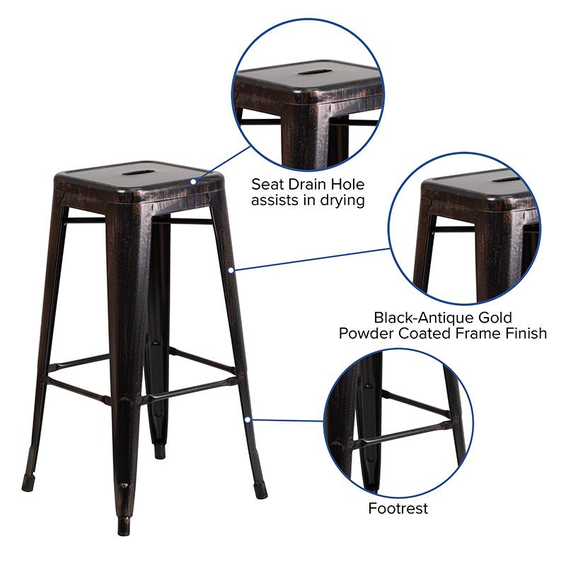 Commercial Grade 30" High Backless Black-Antique Gold Metal Indoor-Outdoor Barstool with Square Seat. Picture 3