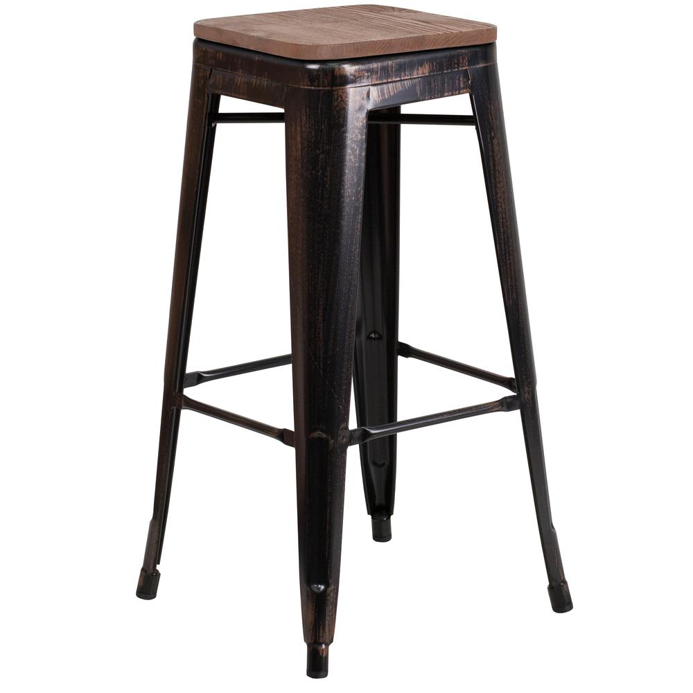 30" High Backless Black-Antique Gold Metal Barstool with Square Wood Seat. Picture 1