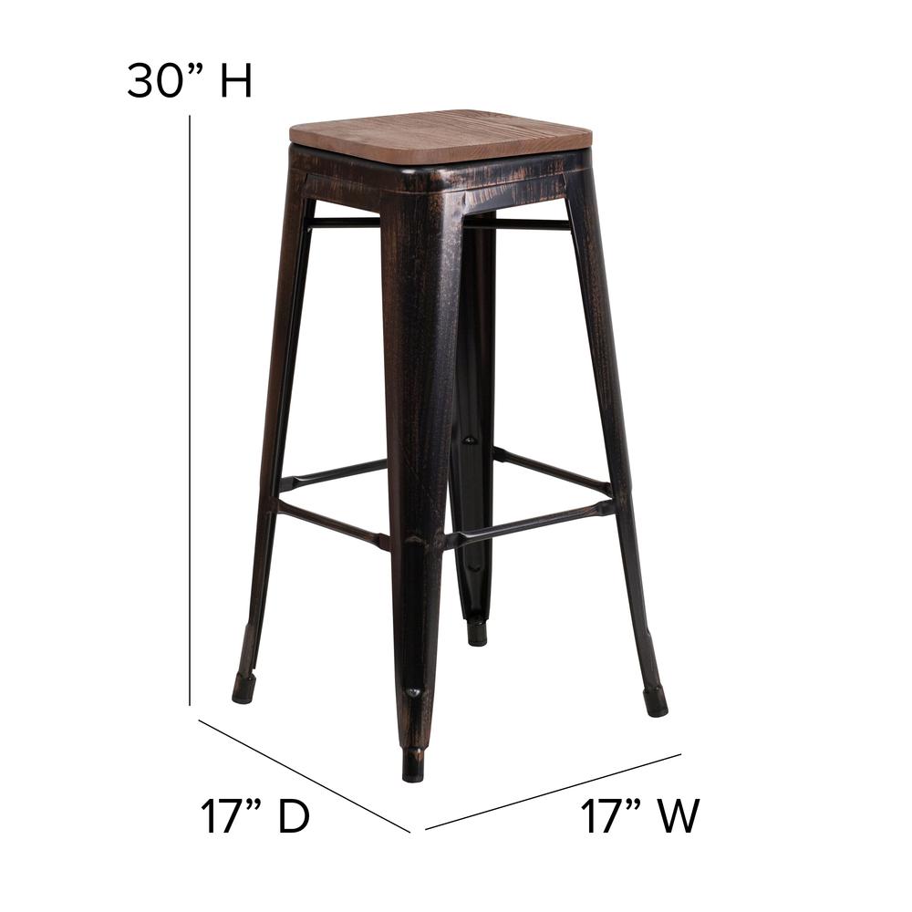 30" High Backless Black-Antique Gold Metal Barstool with Square Wood Seat. Picture 2