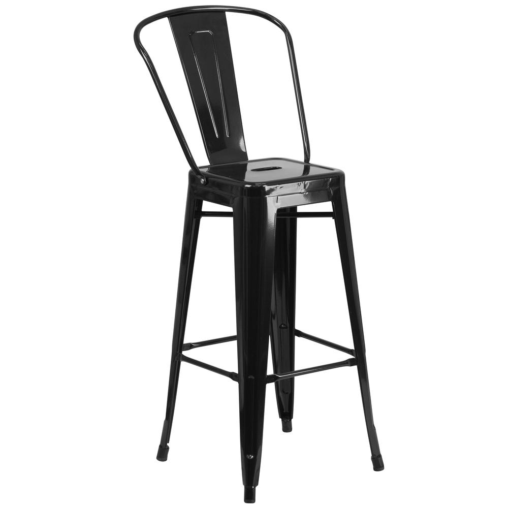 Commercial Grade 30" High Black Metal Indoor-Outdoor Barstool with Removable Back. Picture 1