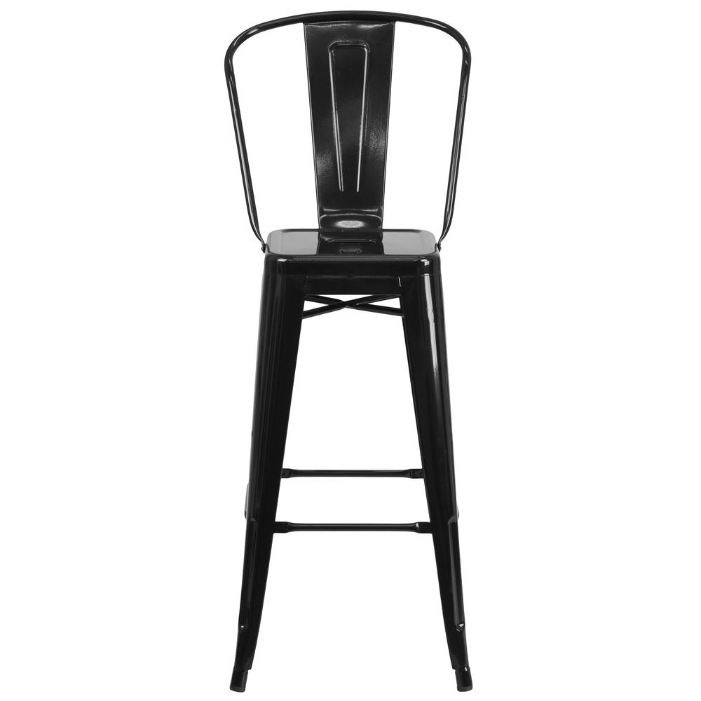 Commercial Grade 30" High Black Metal Indoor-Outdoor Barstool with Removable Back. Picture 4