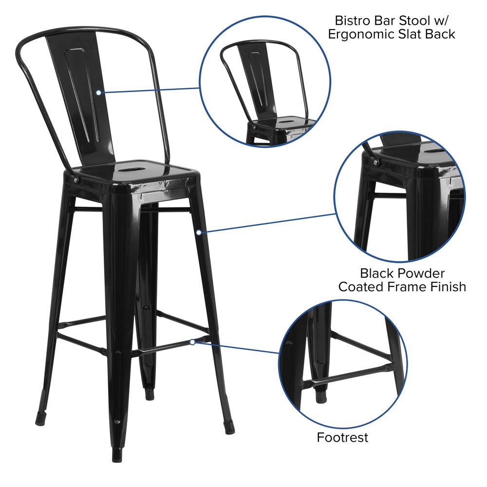 Commercial Grade 30" High Black Metal Indoor-Outdoor Barstool with Removable Back. Picture 5