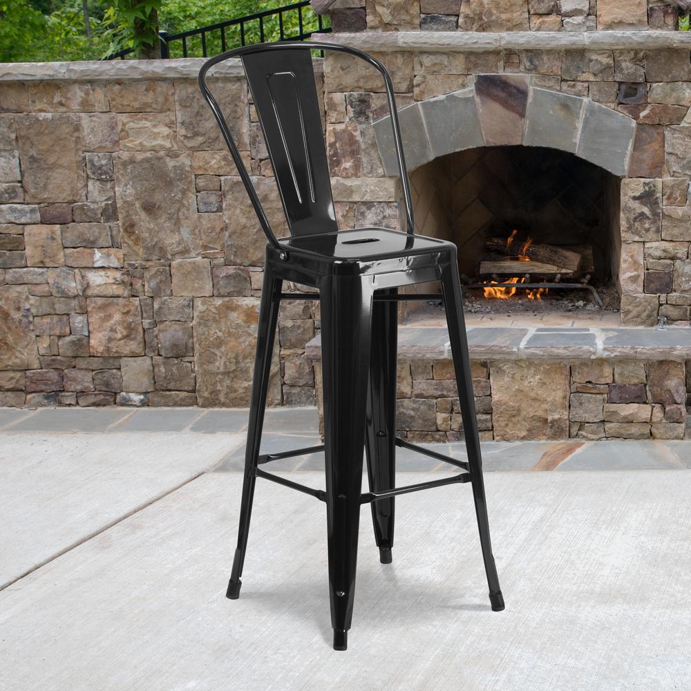 Commercial Grade 30" High Black Metal Indoor-Outdoor Barstool with Removable Back. Picture 8
