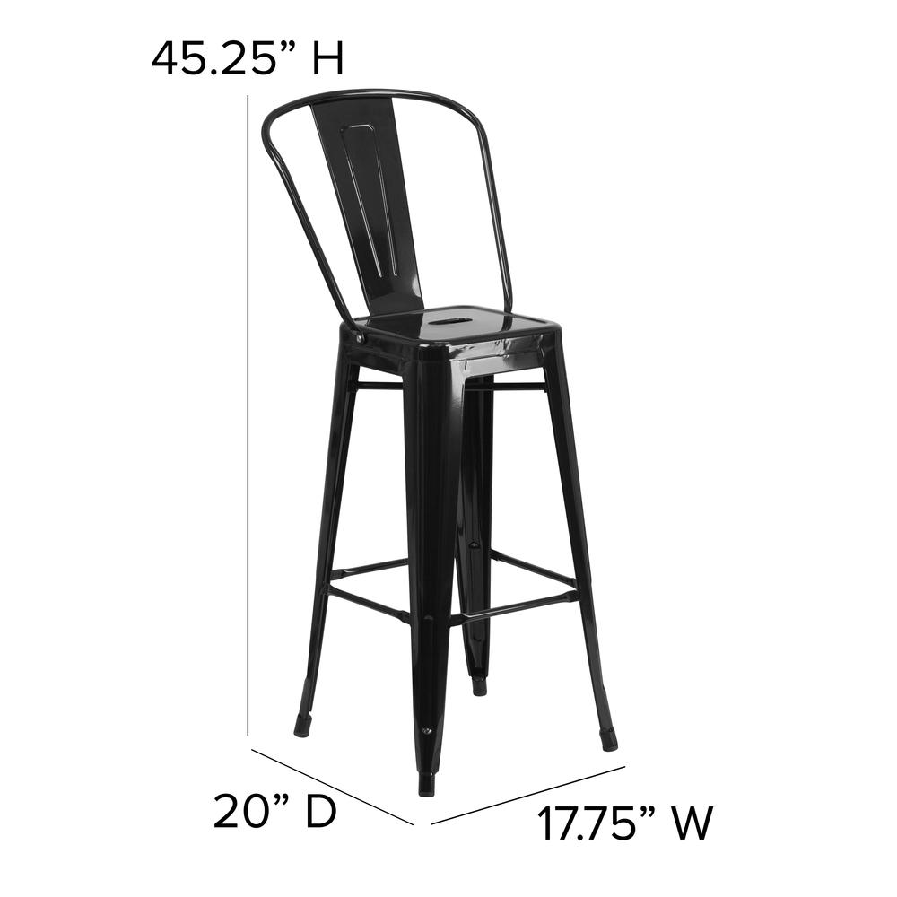 30" High Black Metal Bar Height Stool with Black All-Weather Poly Resin Seat. Picture 5
