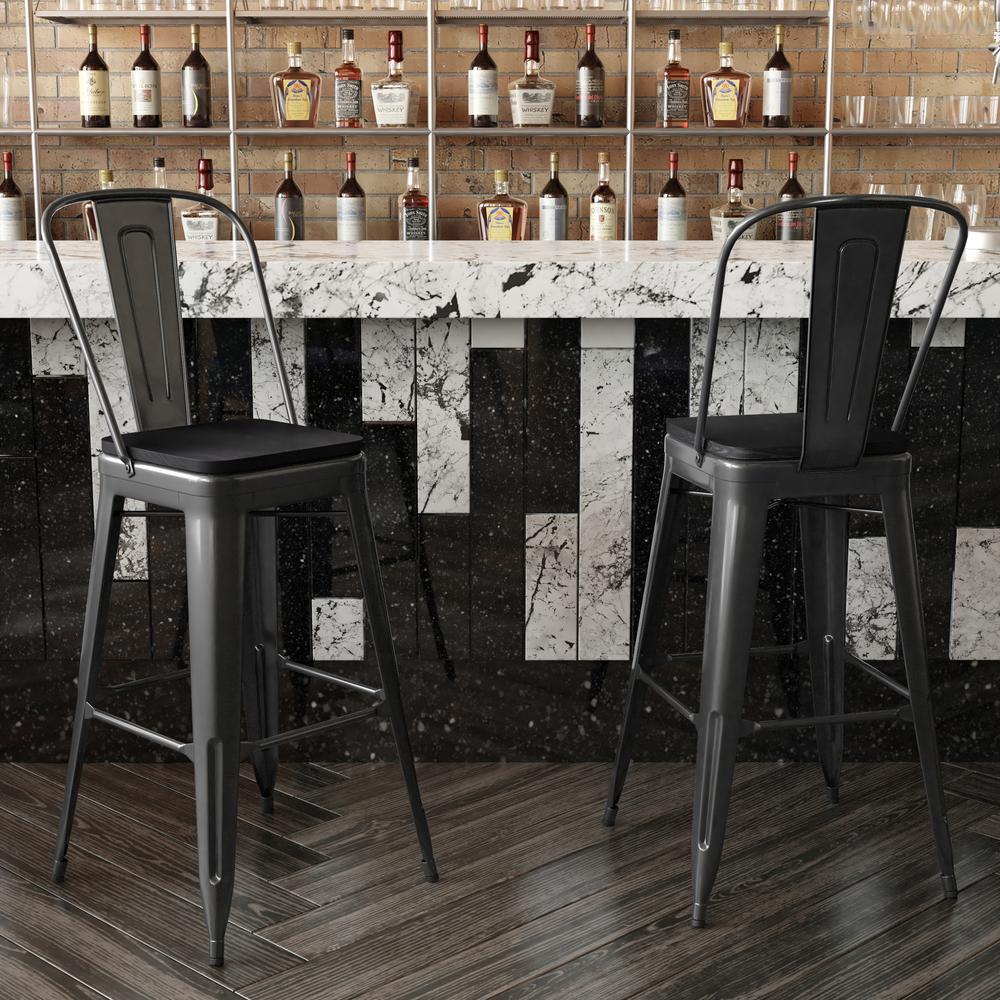 30" High Black Metal Bar Height Stool with Black All-Weather Poly Resin Seat. Picture 7