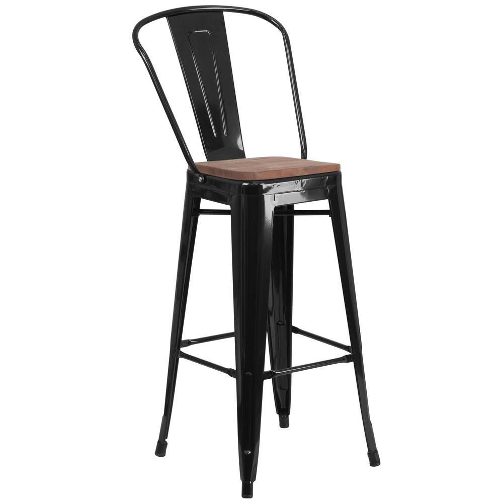 30" High Black Metal Barstool with Back and Wood Seat. Picture 1