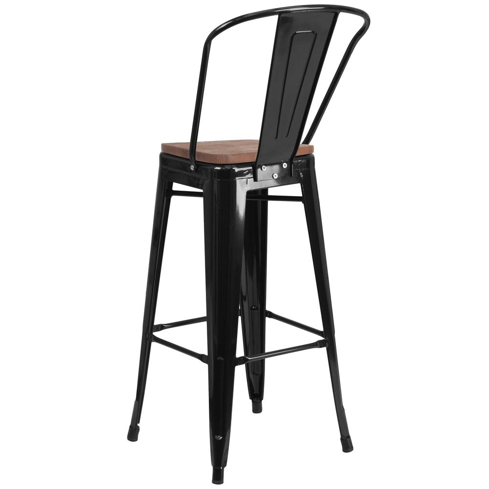 30" High Black Metal Barstool with Back and Wood Seat. Picture 3