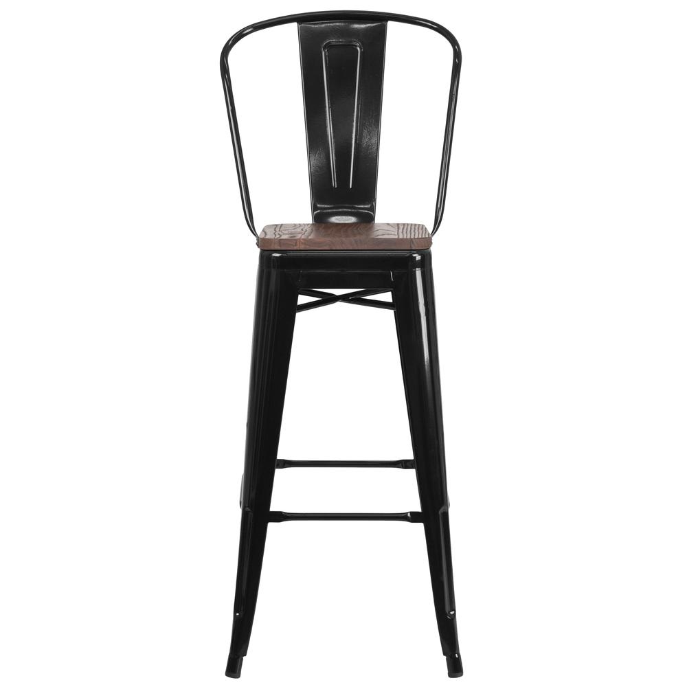 30" High Black Metal Barstool with Back and Wood Seat. Picture 4