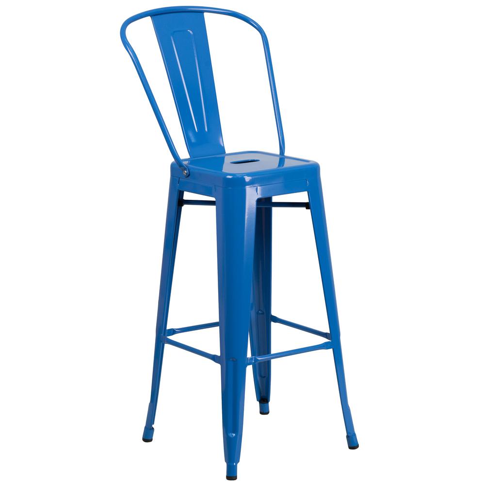 Commercial Grade 30" High Blue Metal Indoor-Outdoor Barstool with Removable Back. Picture 1