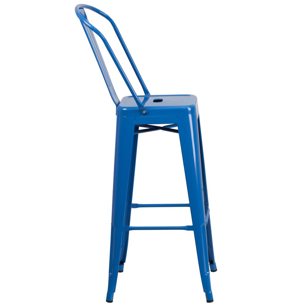 Commercial Grade 30" High Blue Metal Indoor-Outdoor Barstool with Removable Back. Picture 2