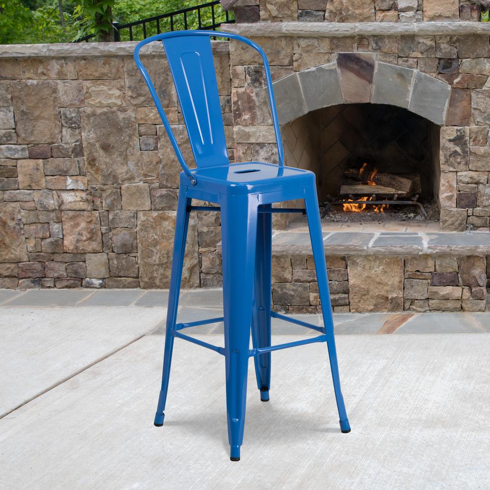 Commercial Grade 30" High Blue Metal Indoor-Outdoor Barstool with Removable Back. Picture 5