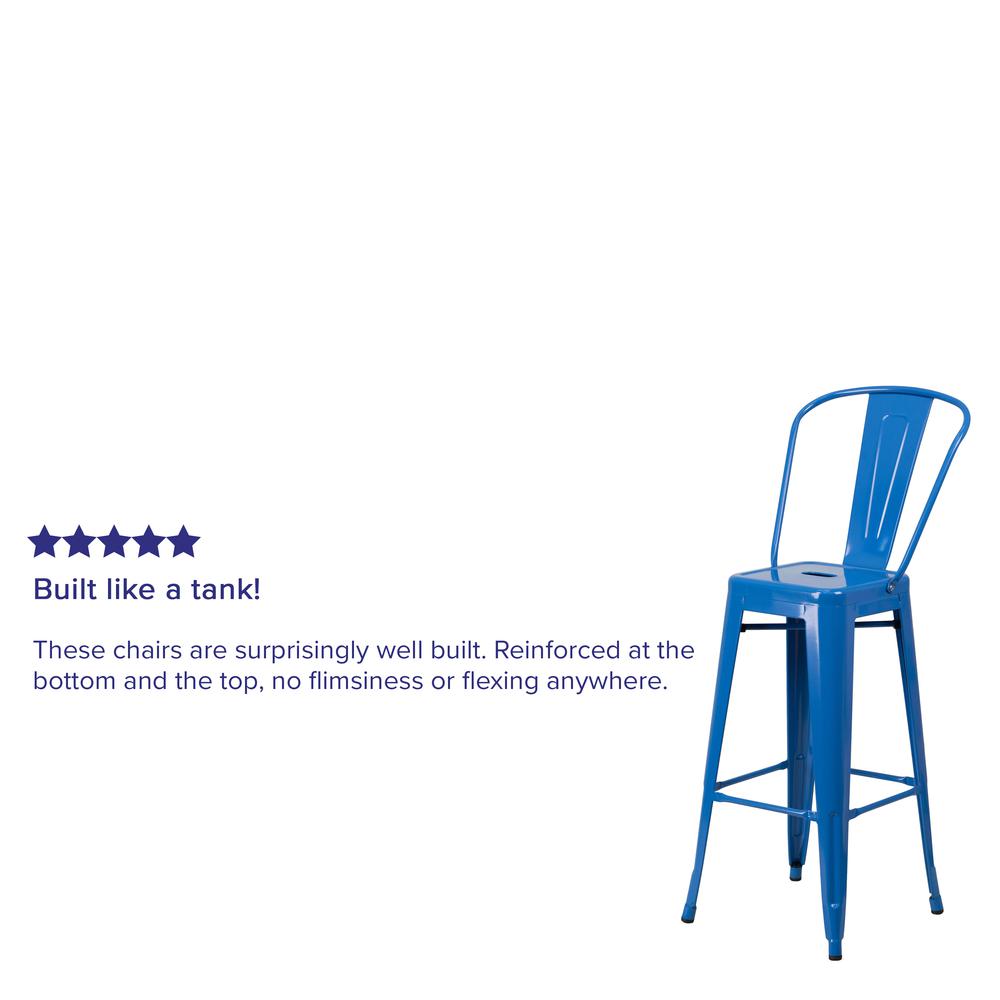 Commercial Grade 30" High Blue Metal Indoor-Outdoor Barstool with Removable Back. Picture 6