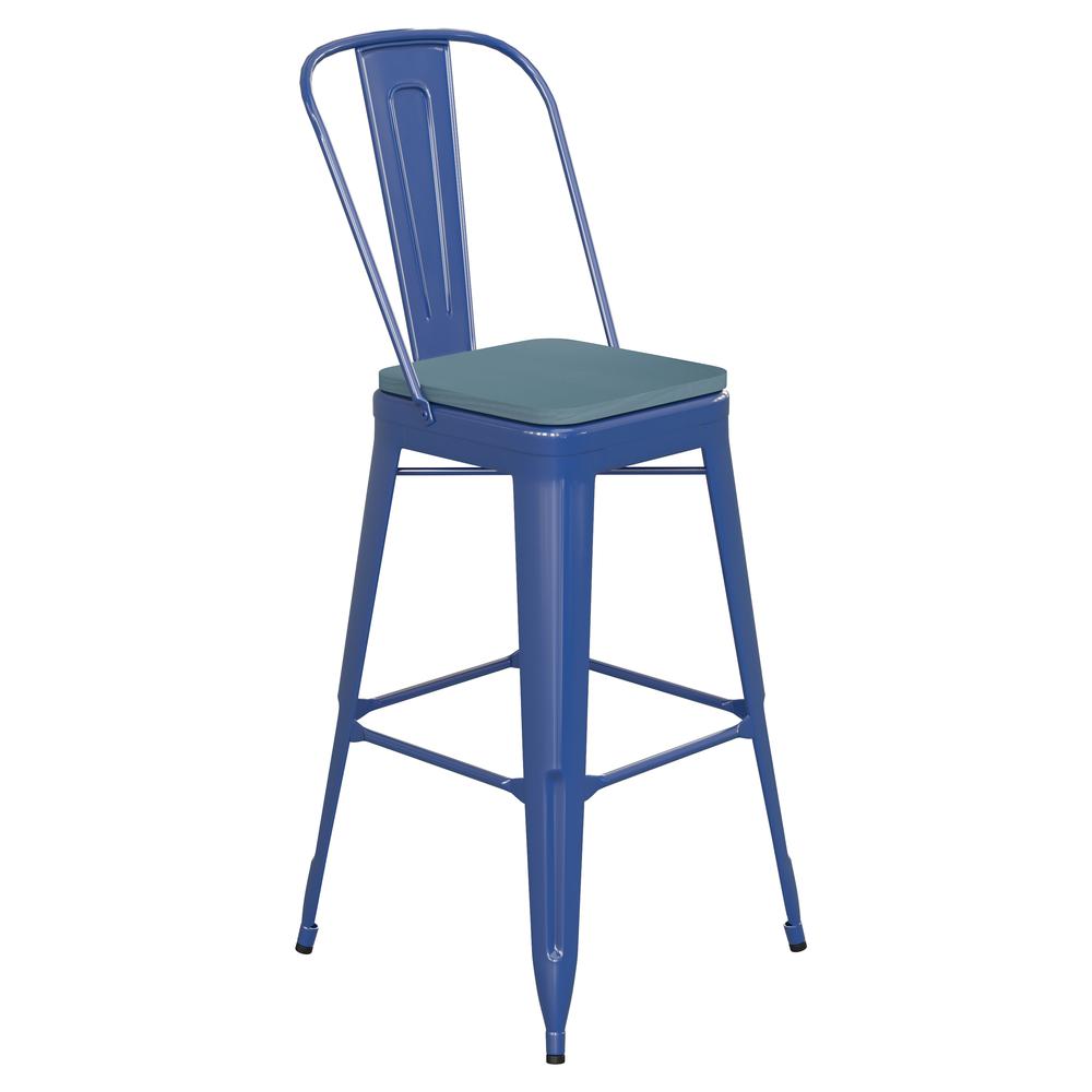 30" High Blue Metal Bar Height Stool with Teal Blue All-Weather Poly Resin Seat. Picture 2