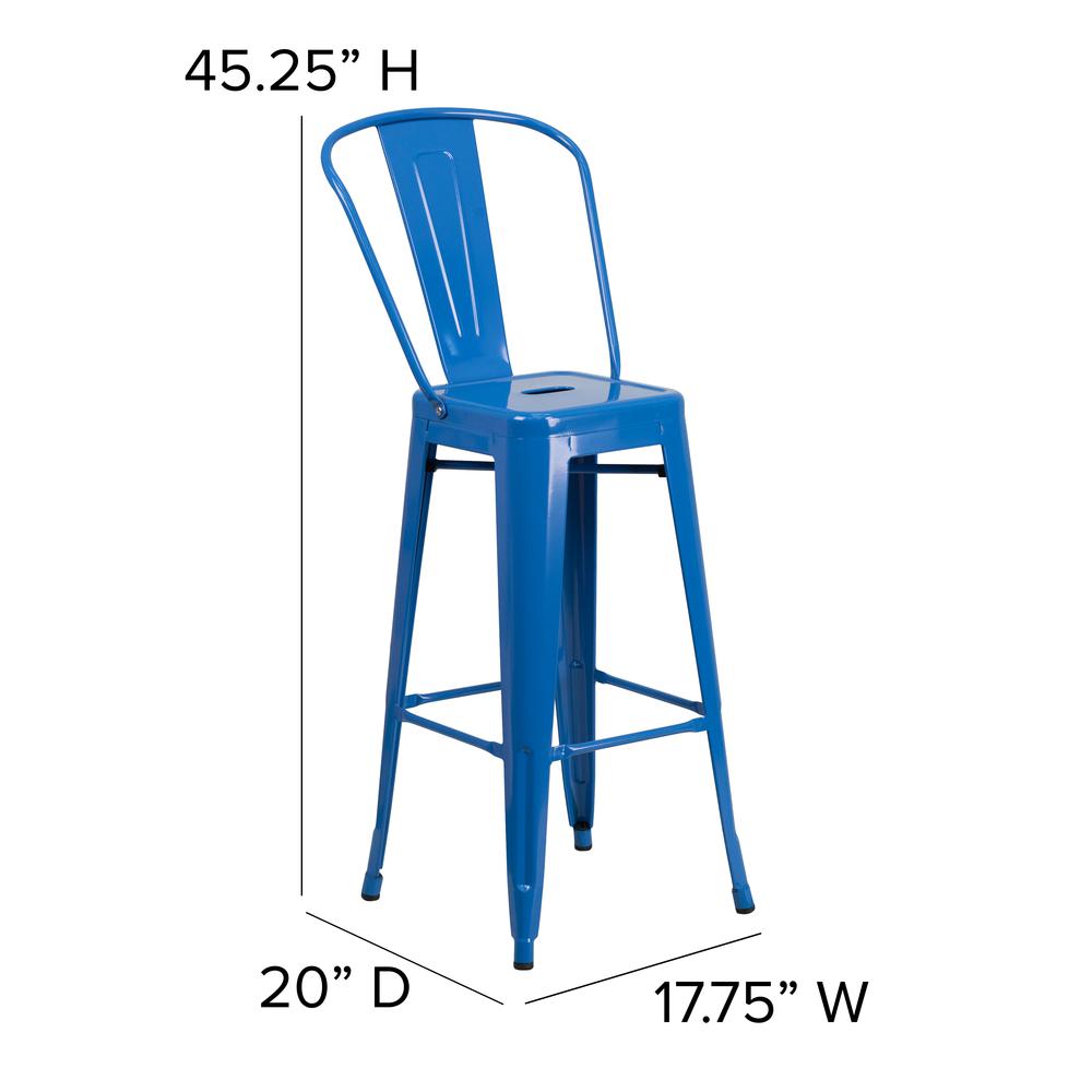 30" High Blue Metal Bar Height Stool with Teal Blue All-Weather Poly Resin Seat. Picture 5