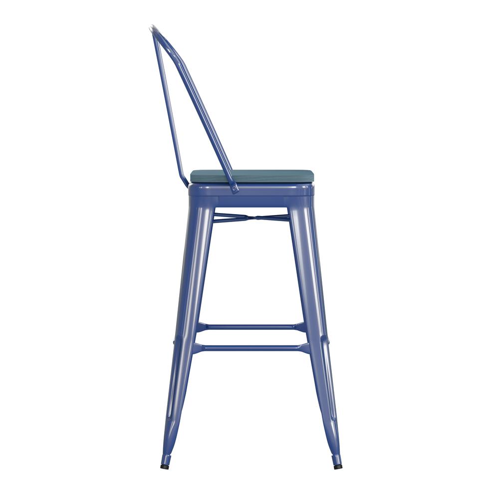 30" High Blue Metal Bar Height Stool with Teal Blue All-Weather Poly Resin Seat. Picture 10