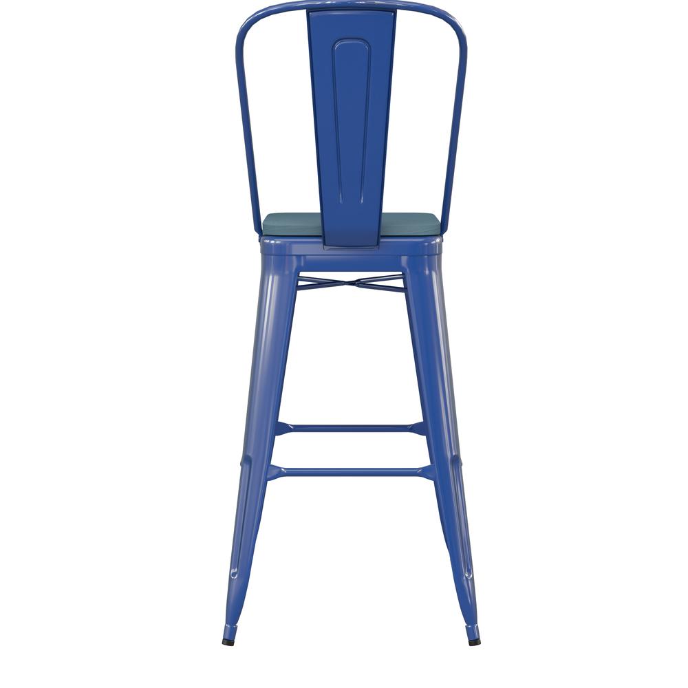 30" High Blue Metal Bar Height Stool with Teal Blue All-Weather Poly Resin Seat. Picture 9