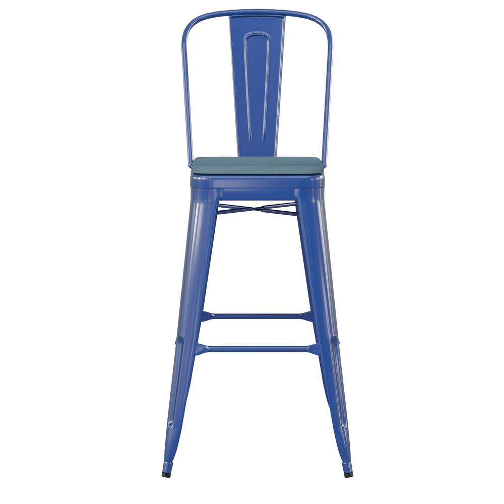 30" High Blue Metal Bar Height Stool with Teal Blue All-Weather Poly Resin Seat. Picture 11