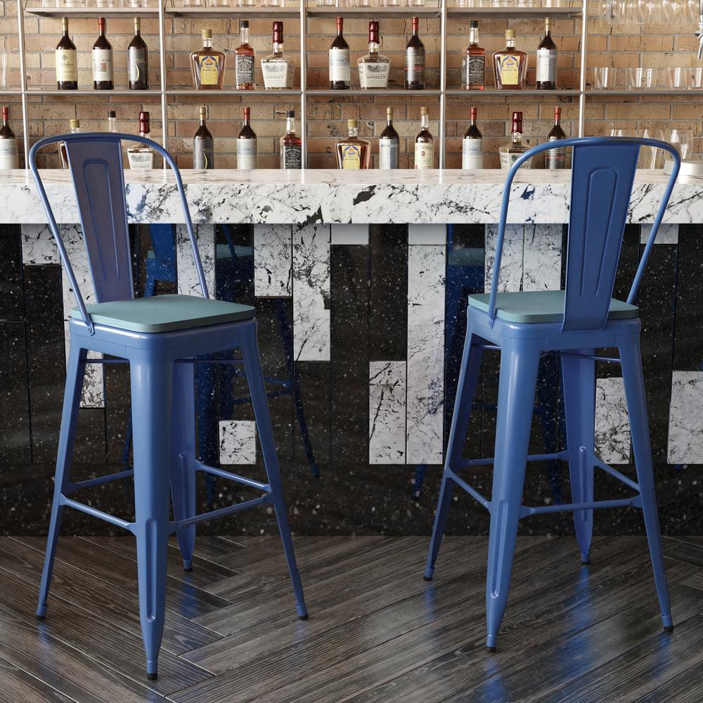 30" High Blue Metal Bar Height Stool with Teal Blue All-Weather Poly Resin Seat. Picture 7