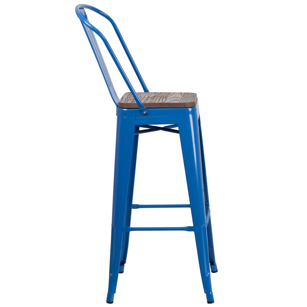 30" High Blue Metal Barstool with Back and Wood Seat. Picture 2