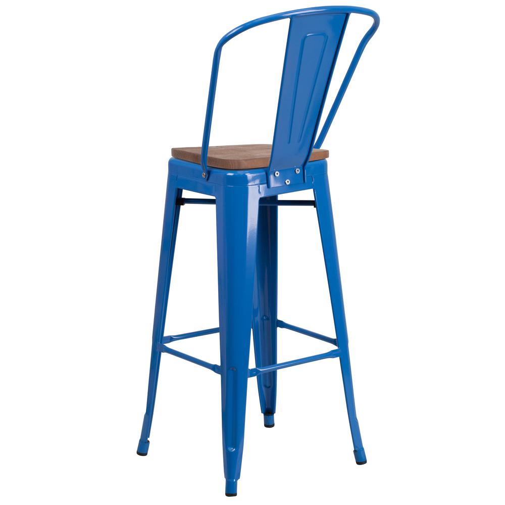 30" High Blue Metal Barstool with Back and Wood Seat. Picture 3