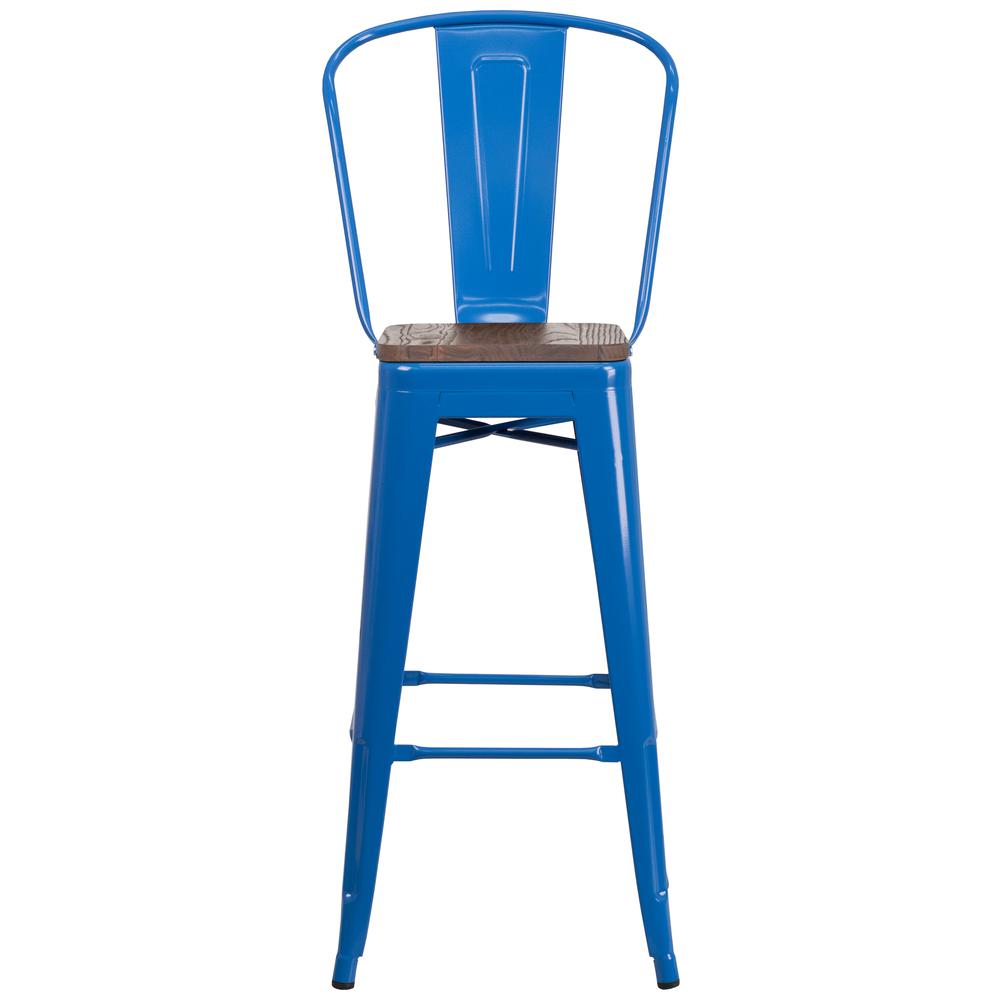 30" High Blue Metal Barstool with Back and Wood Seat. Picture 4