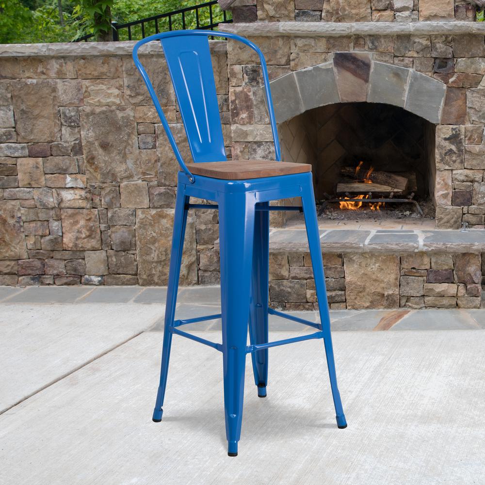 30" High Blue Metal Barstool with Back and Wood Seat. Picture 5