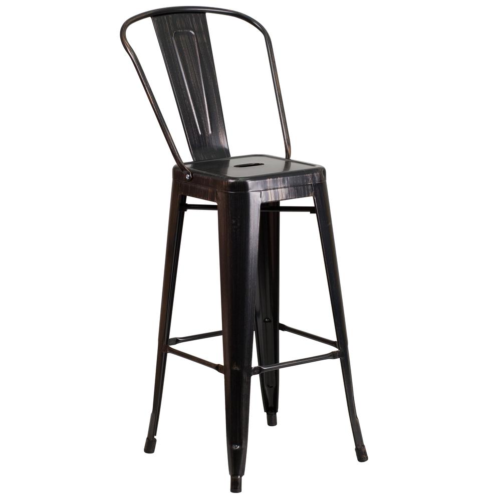 Commercial Grade 30" High Black-Antique Gold Metal Indoor-Outdoor Barstool with Removable Back. Picture 1