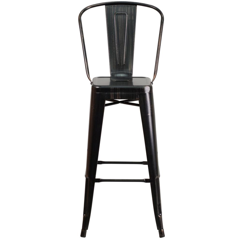 Commercial Grade 30" High Black-Antique Gold Metal Indoor-Outdoor Barstool with Removable Back. Picture 4