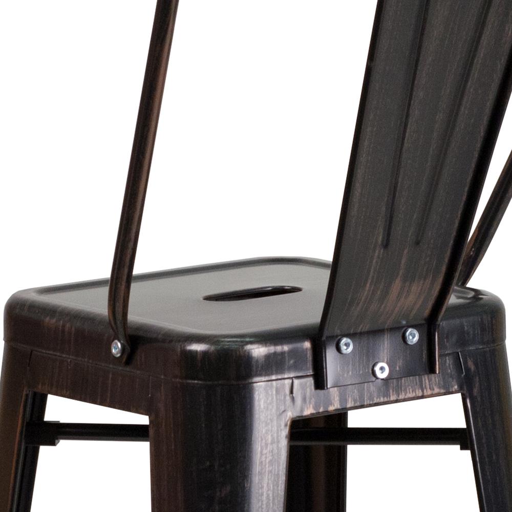 Commercial Grade 30" High Black-Antique Gold Metal Indoor-Outdoor Barstool with Removable Back. Picture 6