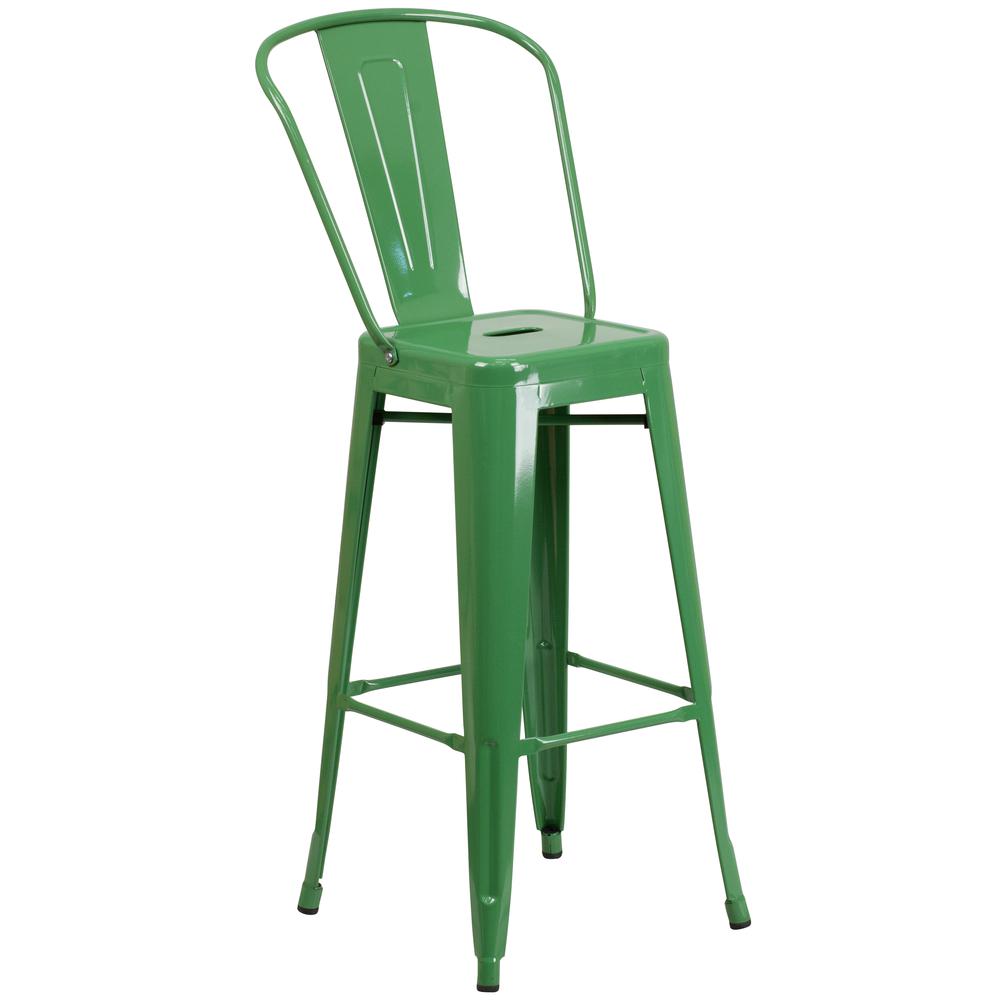 Commercial Grade 30" High Green Metal Indoor-Outdoor Barstool with Removable Back. Picture 1