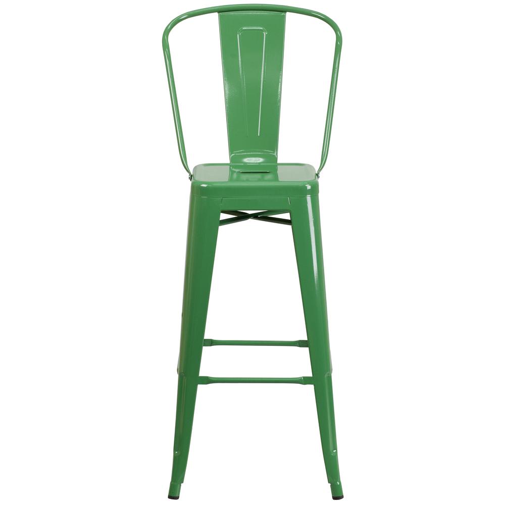 Commercial Grade 30" High Green Metal Indoor-Outdoor Barstool with Removable Back. Picture 4