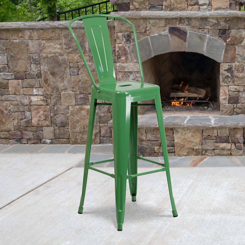 Commercial Grade 30" High Green Metal Indoor-Outdoor Barstool with Removable Back. Picture 5
