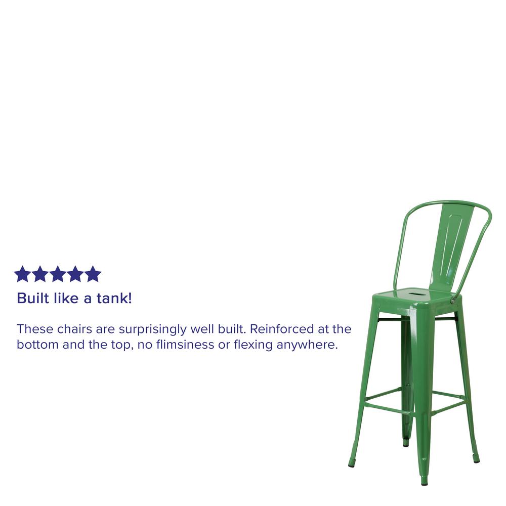Commercial Grade 30" High Green Metal Indoor-Outdoor Barstool with Removable Back. Picture 6