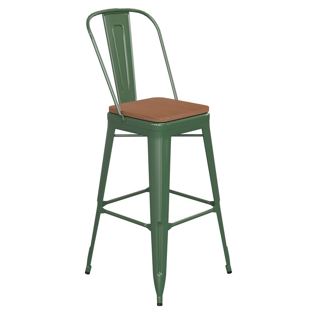30" High Green Metal Bar Height Stool with Teak All-Weather Poly Resin Seat. Picture 2