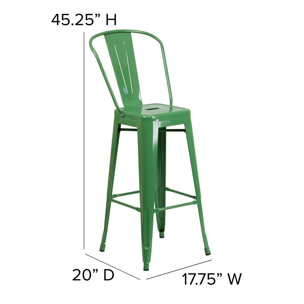 30" High Green Metal Bar Height Stool with Teak All-Weather Poly Resin Seat. Picture 5