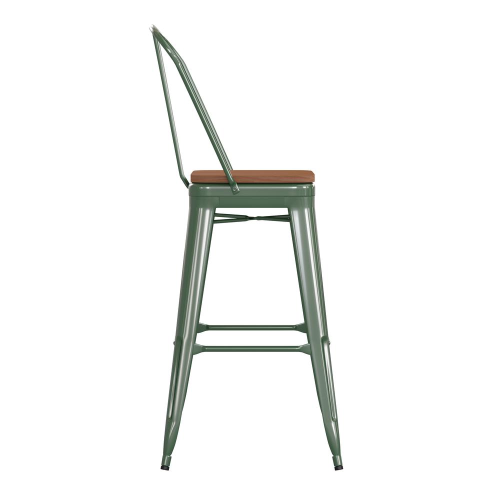 30" High Green Metal Bar Height Stool with Teak All-Weather Poly Resin Seat. Picture 10