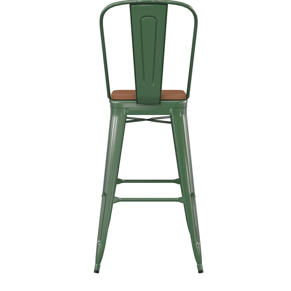 30" High Green Metal Bar Height Stool with Teak All-Weather Poly Resin Seat. Picture 9