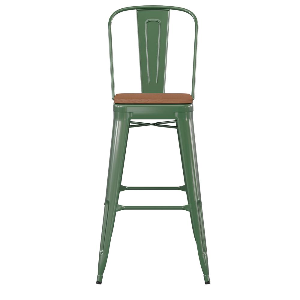 30" High Green Metal Bar Height Stool with Teak All-Weather Poly Resin Seat. Picture 11