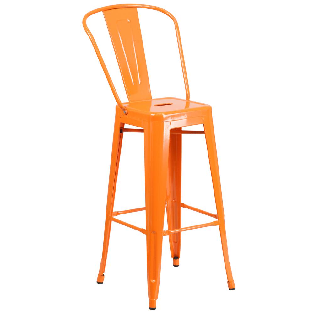 Commercial Grade 30" High Orange Metal Indoor-Outdoor Barstool with Removable Back. Picture 1
