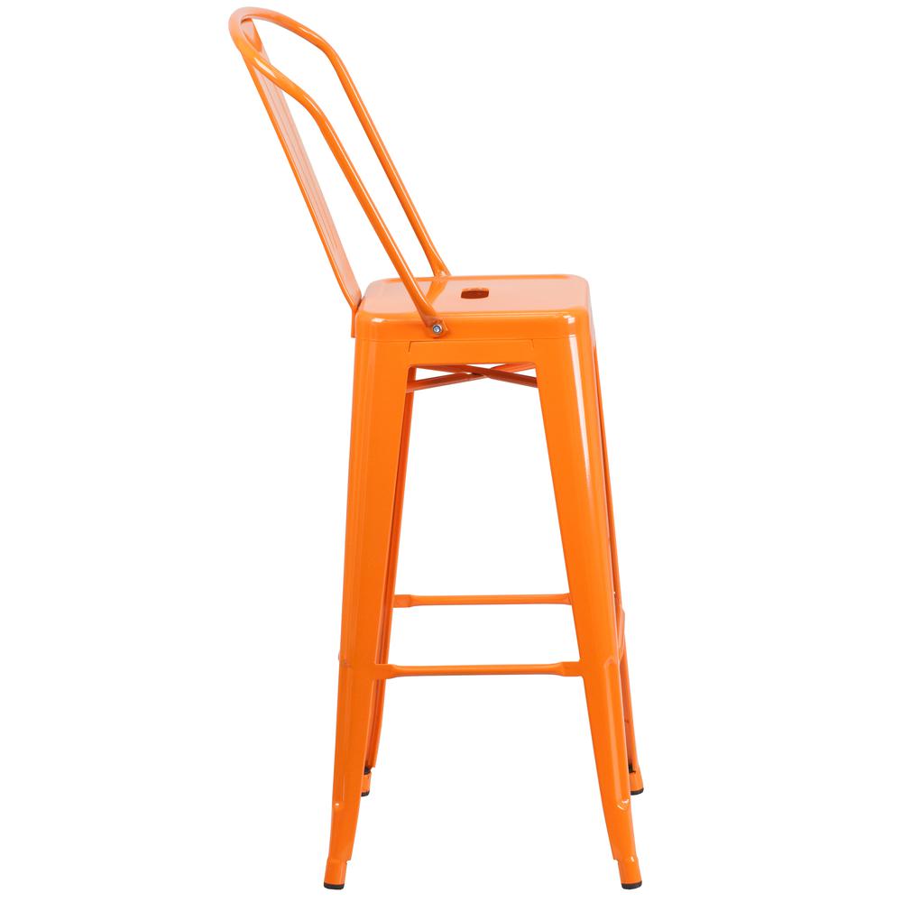 Commercial Grade 30" High Orange Metal Indoor-Outdoor Barstool with Removable Back. Picture 2