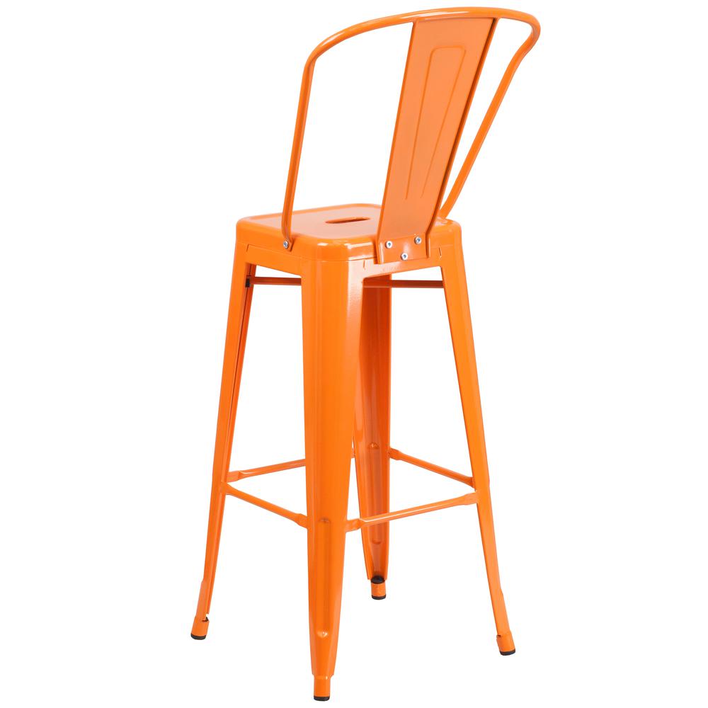 Commercial Grade 30" High Orange Metal Indoor-Outdoor Barstool with Removable Back. Picture 3