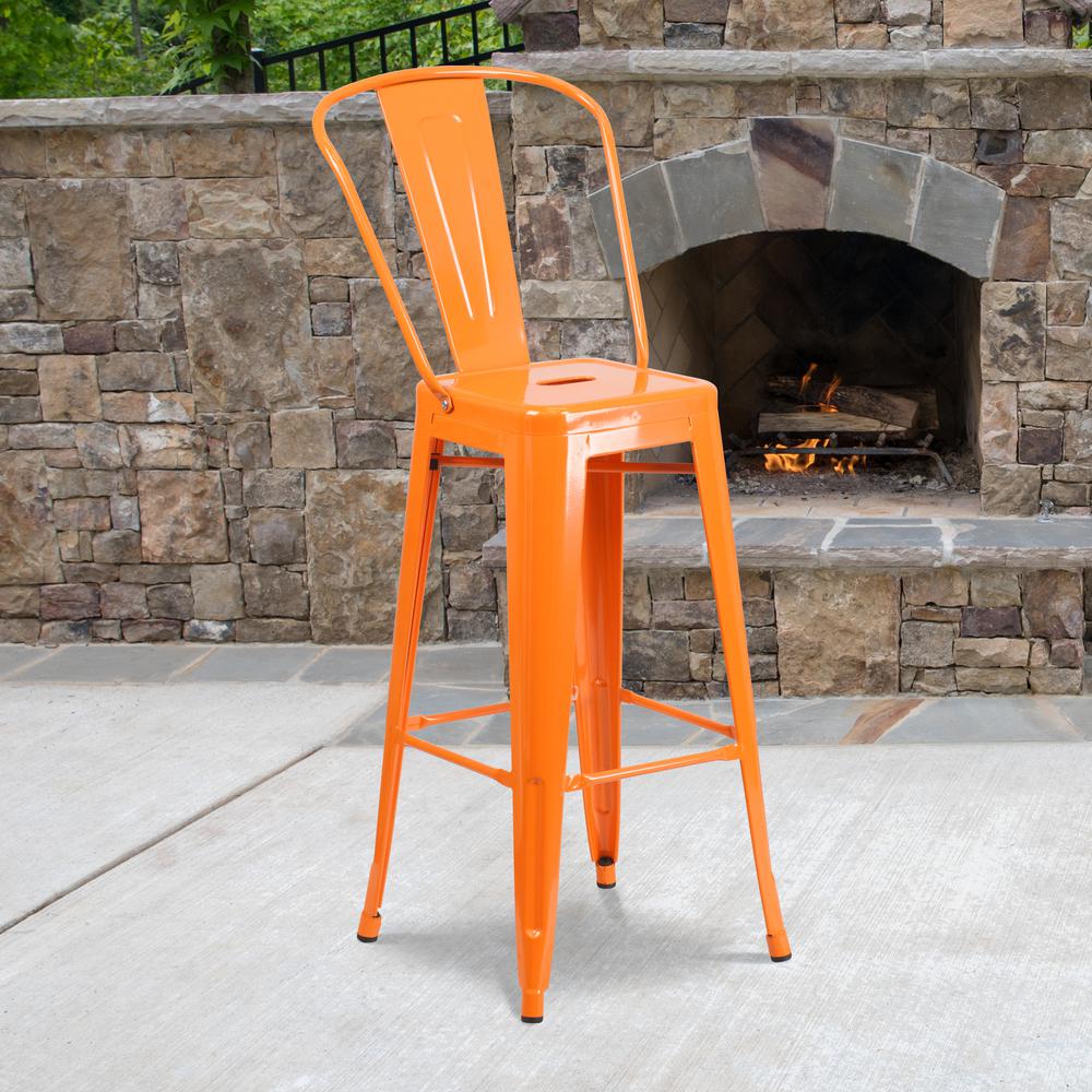 Commercial Grade 30" High Orange Metal Indoor-Outdoor Barstool with Removable Back. Picture 5