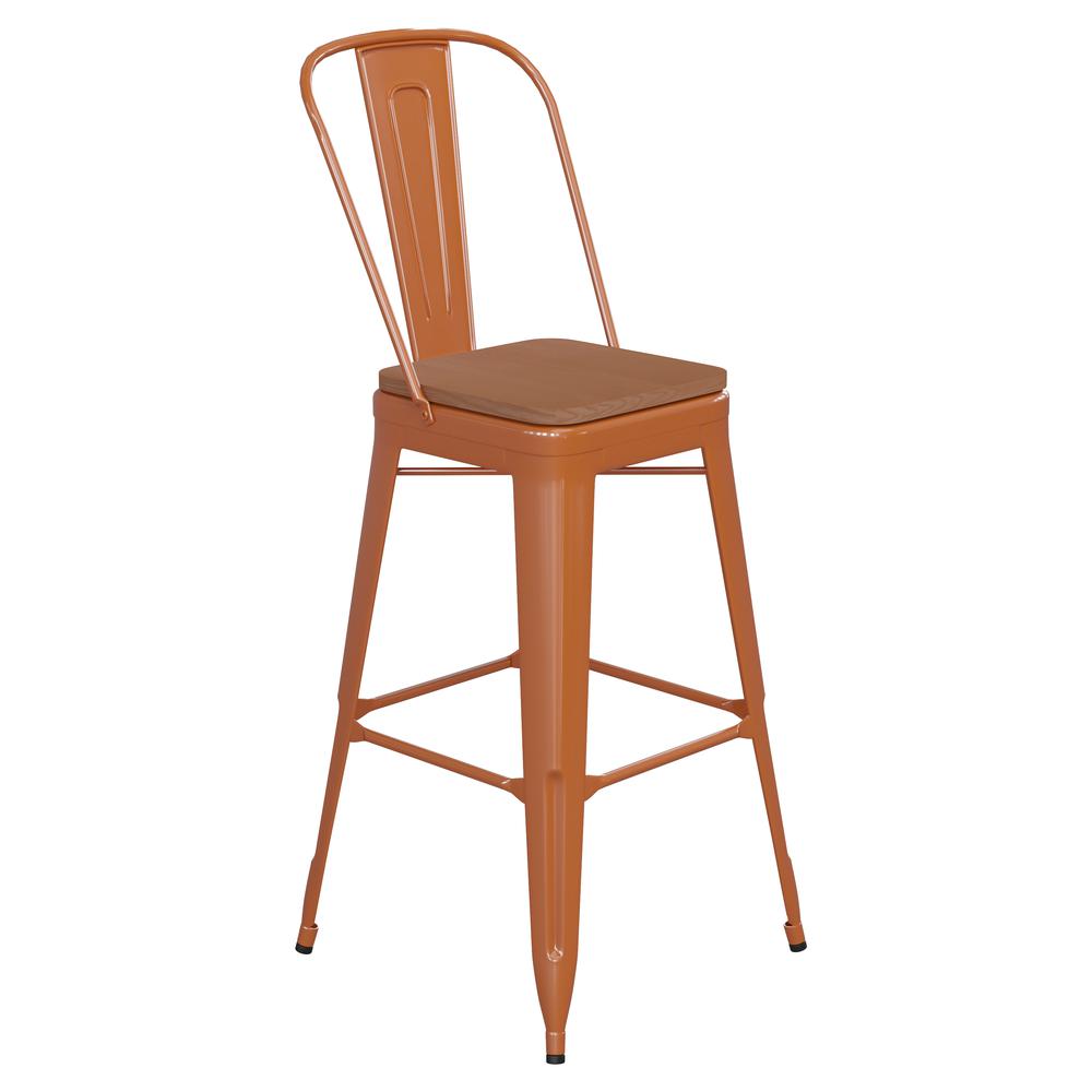 30" High Orange Metal Bar Height Stool with Teak All-Weather Poly Resin Seat. Picture 2