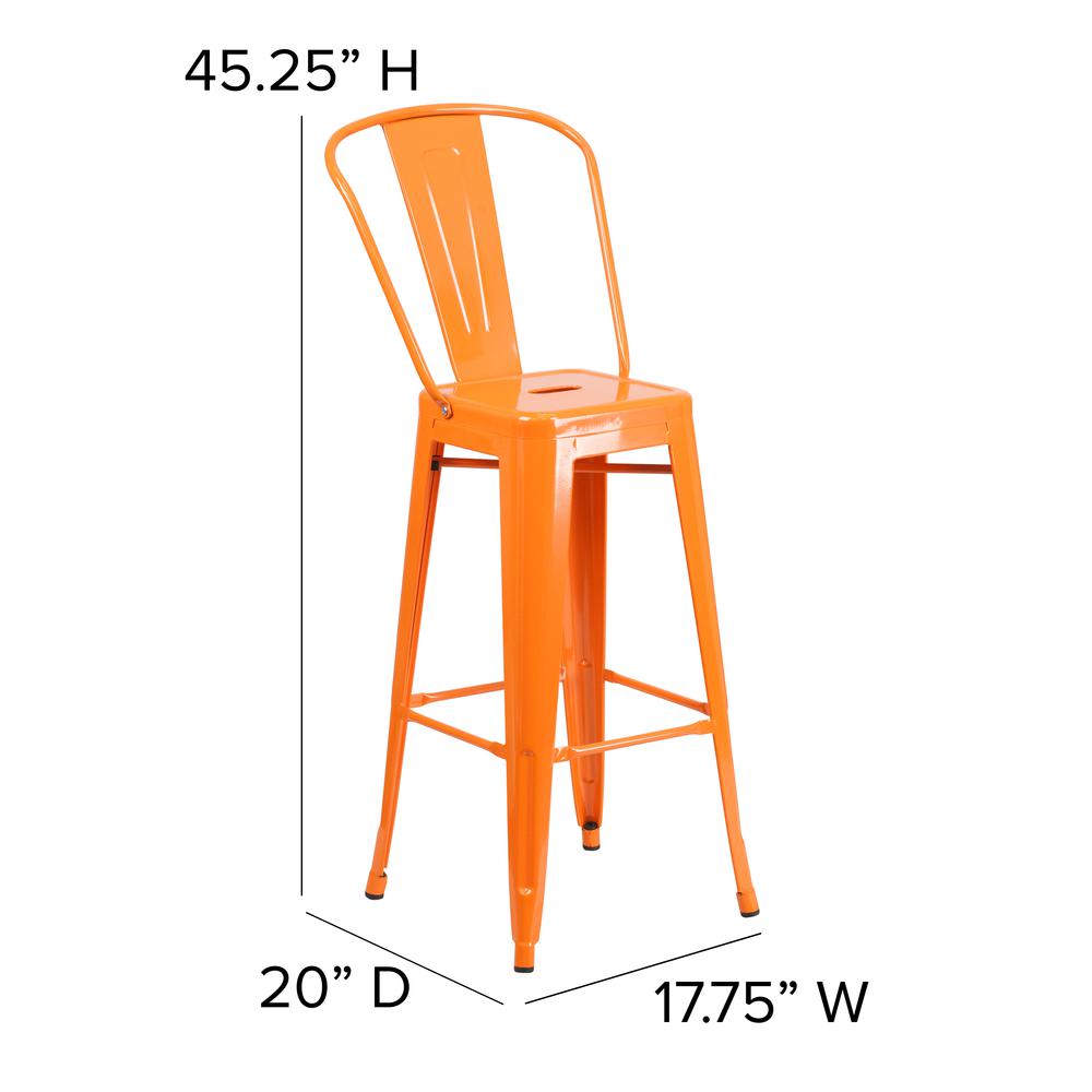30" High Orange Metal Bar Height Stool with Teak All-Weather Poly Resin Seat. Picture 5