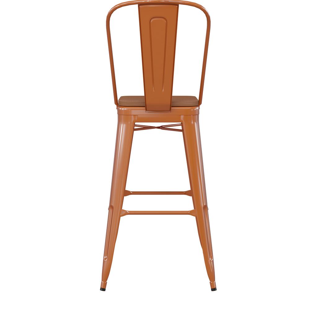 30" High Orange Metal Bar Height Stool with Teak All-Weather Poly Resin Seat. Picture 9