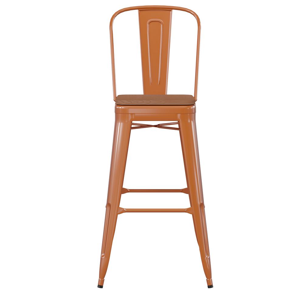 30" High Orange Metal Bar Height Stool with Teak All-Weather Poly Resin Seat. Picture 11