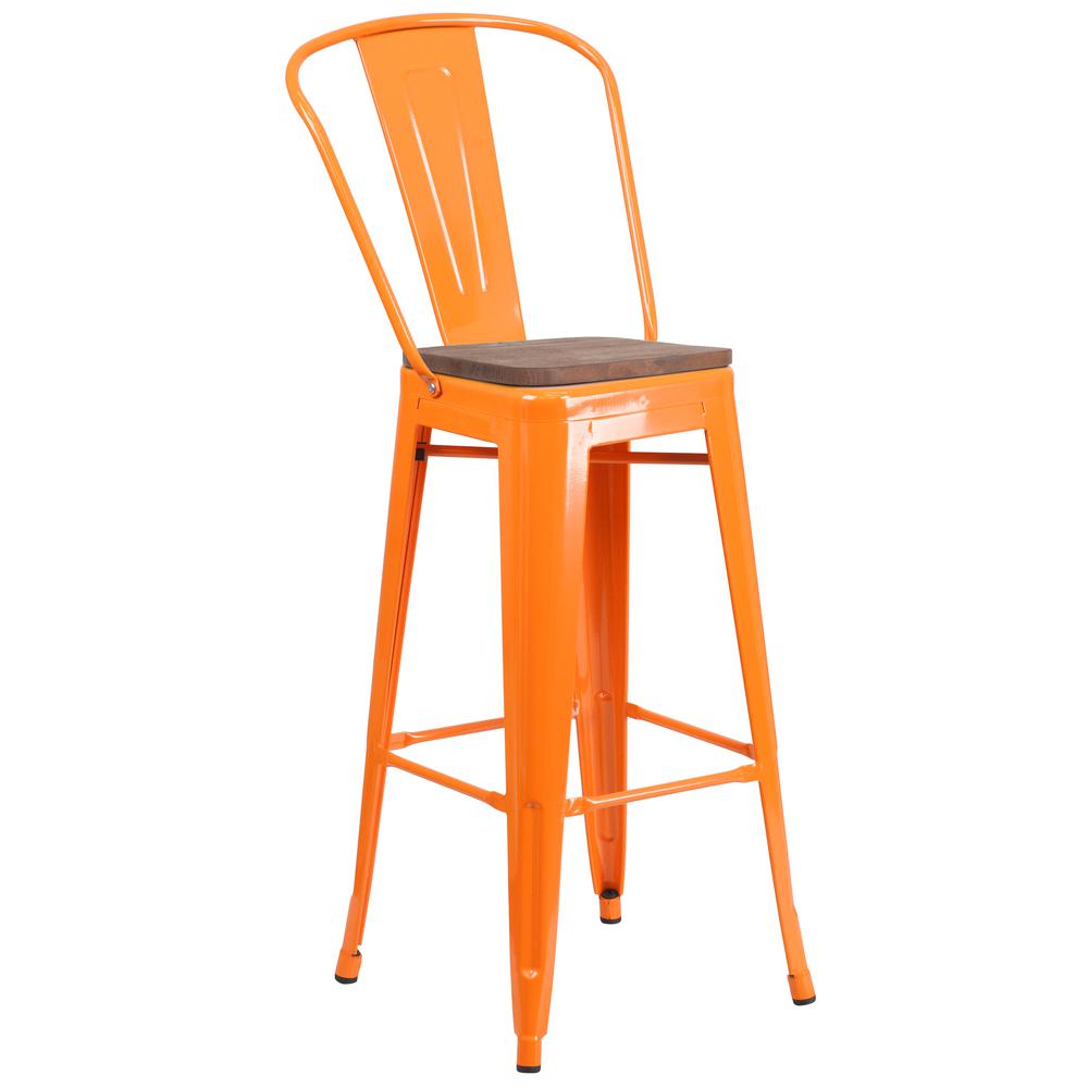 30" High Orange Metal Barstool with Back and Wood Seat. Picture 1