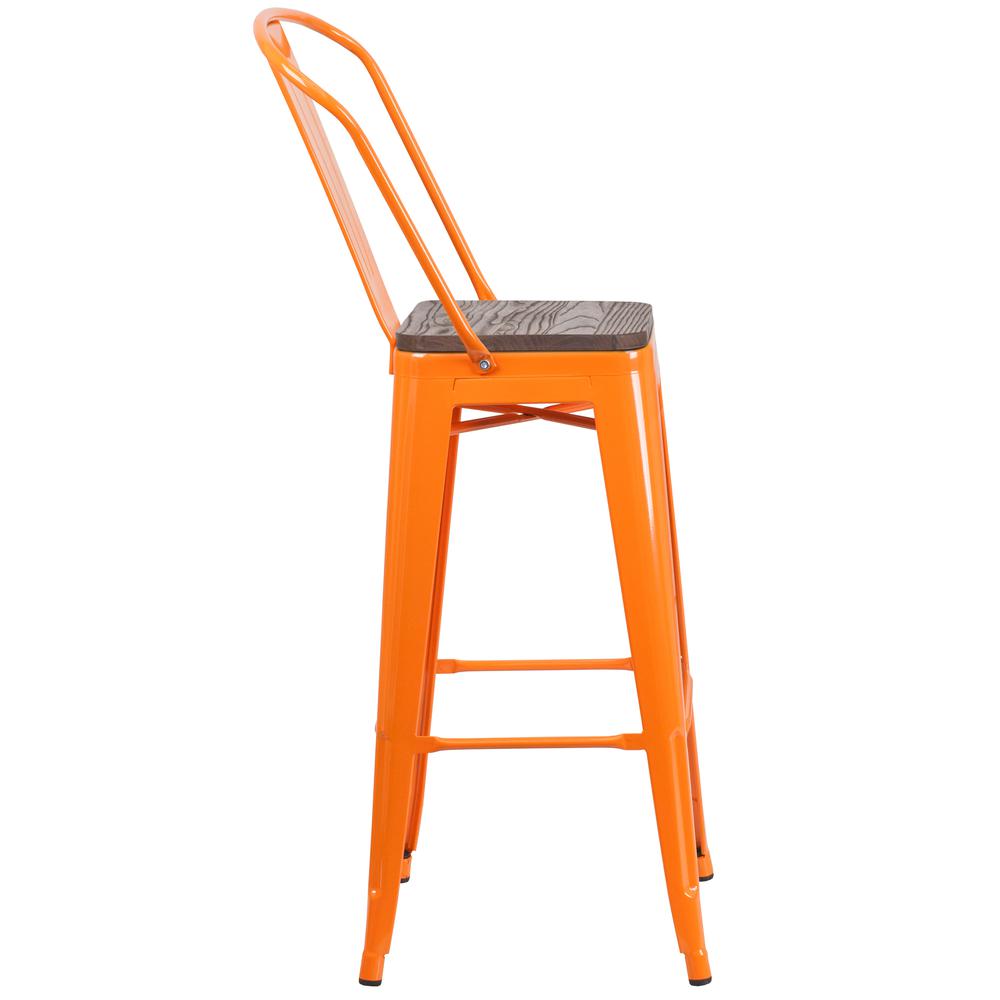 30" High Orange Metal Barstool with Back and Wood Seat. Picture 2
